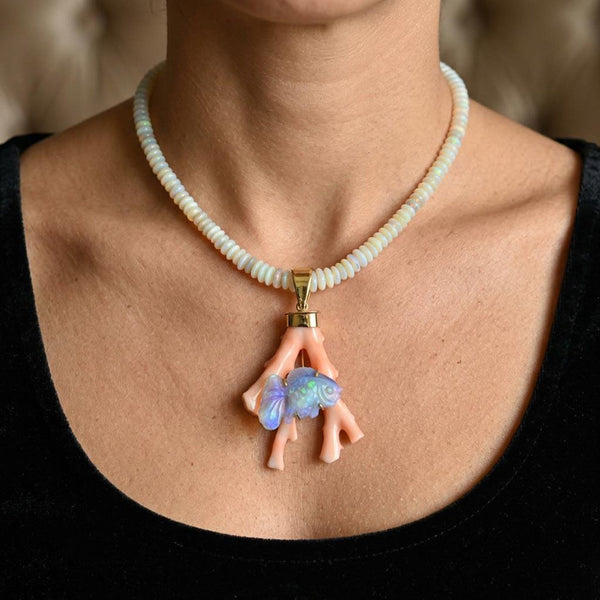 Natural Australian Opal Bead Necklace – 14K Gold Clasp
