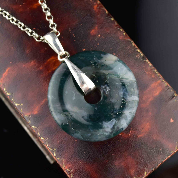 Vintage Silver Large Donut Moss Agate Pendant