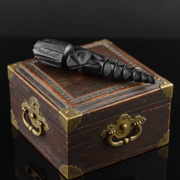 Antique Victorian Carved Long Whitby Jet Brooch