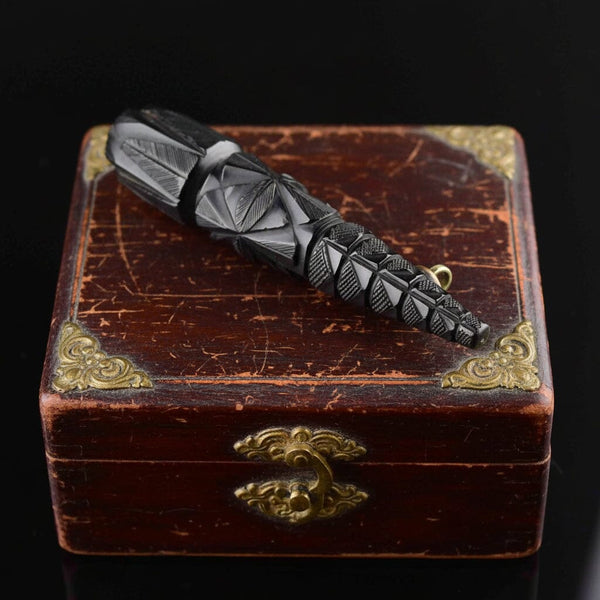 Antique Victorian Carved Long Whitby Jet Brooch