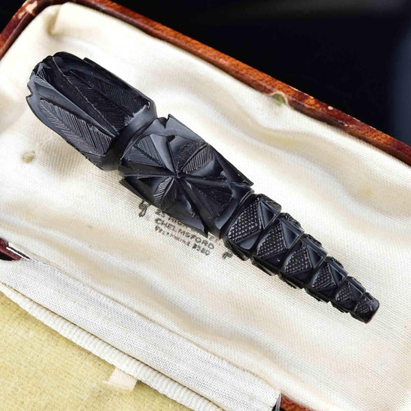Antique Victorian Carved Long Whitby Jet Brooch - Boylerpf