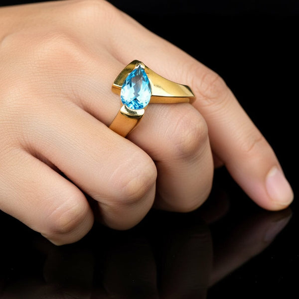 Vintage 14K Gold Chevron Bypass Pear Cut Blue Topaz Ring - Boylerpf