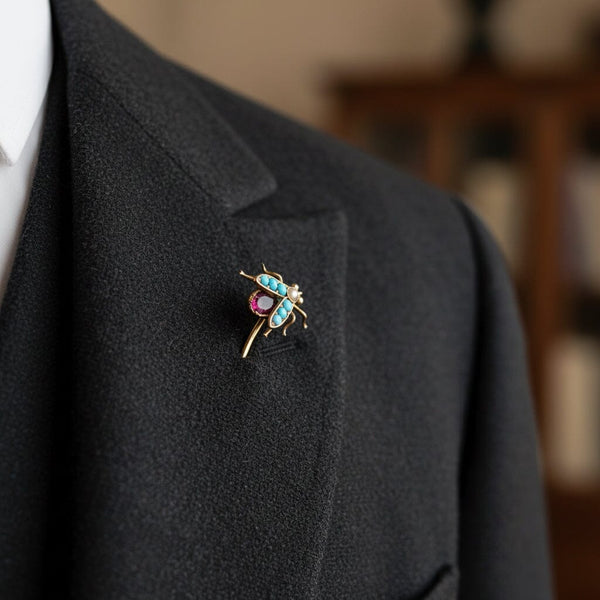 Antique 14K Gold Amethyst Turquoise Fly Brooch Stickpin - Boylerpf
