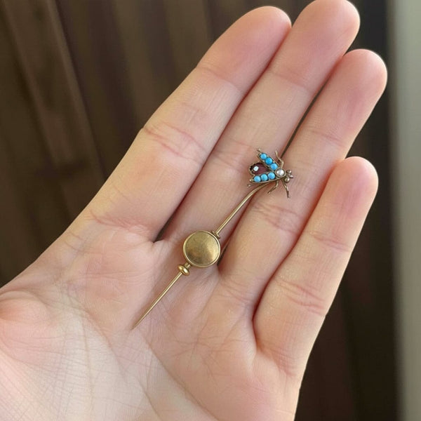 Antique 14K Gold Amethyst Turquoise Fly Brooch Stickpin - Boylerpf