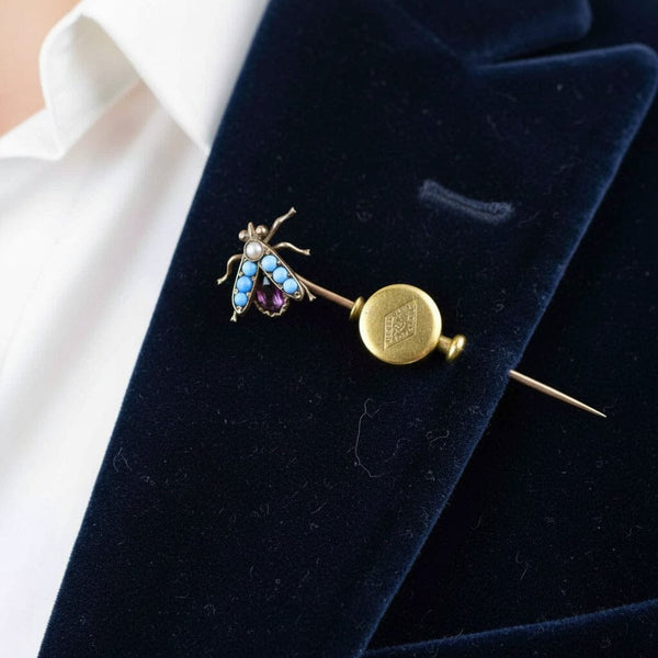 Antique 14K Gold Amethyst Turquoise Fly Brooch Stickpin - Boylerpf