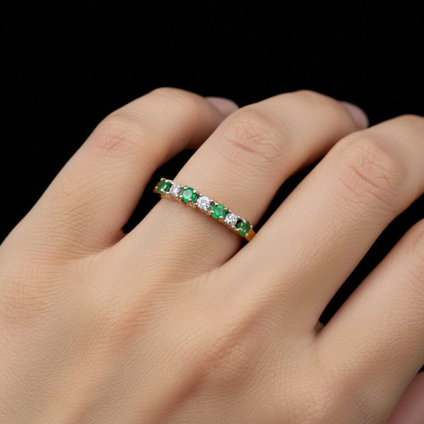 Vintage Half Eternity Diamond Emerald Band Ring
