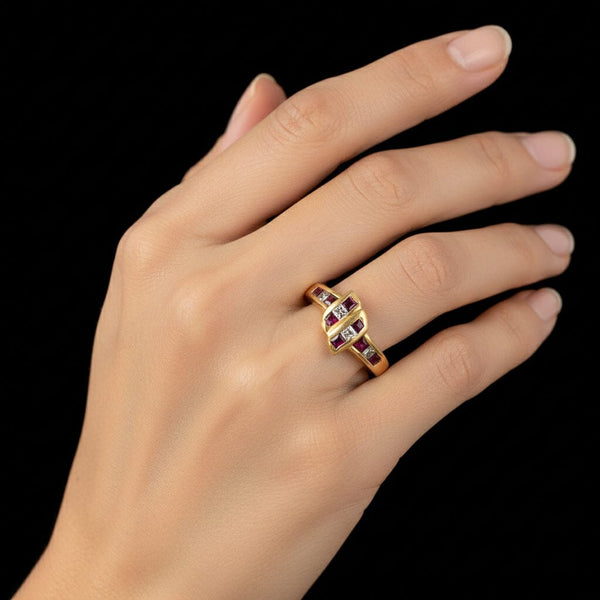 Love Knot 18K Gold Ruby Baguette Diamond Ring Band - Boylerpf