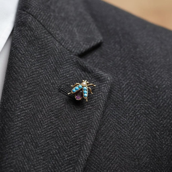 Antique 14K Gold Amethyst Turquoise Fly Brooch Stickpin - Boylerpf