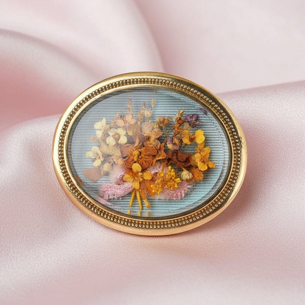 Antique Shadow Box Dried Flower 14K Gold Brooch - Boylerpf