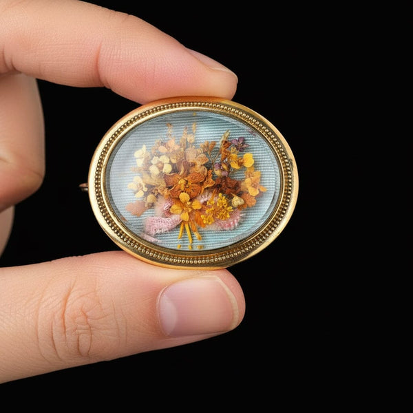Antique Shadow Box Dried Flower 14K Gold Brooch - Boylerpf