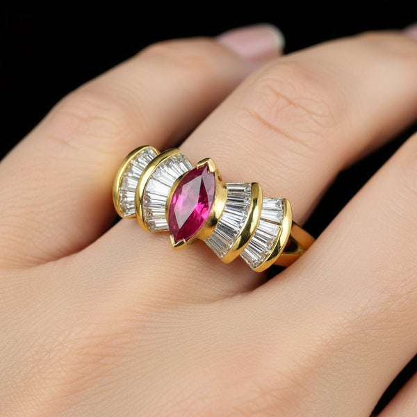 Vintage 14K Gold 1.5 Carat Baguette Diamond Ruby Ring