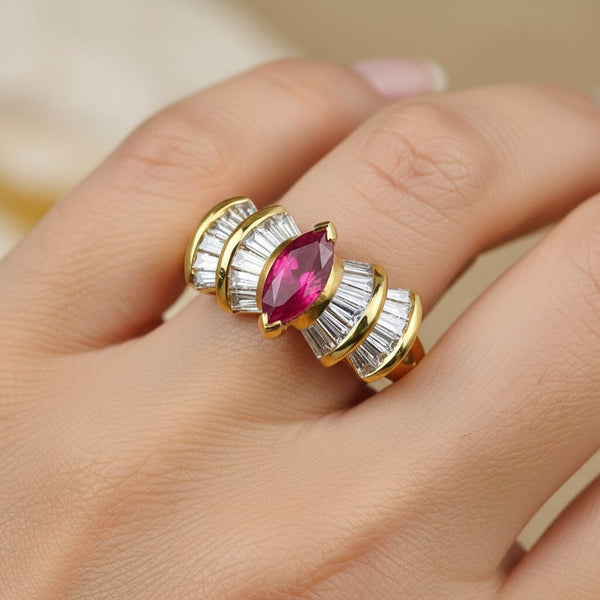 Vintage 14K Gold 1.5 Carat Baguette Diamond Ruby Ring