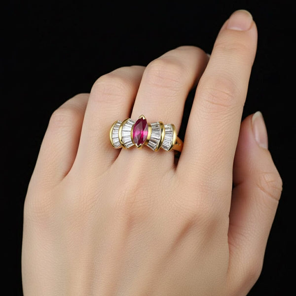 Vintage 14K Gold 1.5 Carat Baguette Diamond Ruby Ring