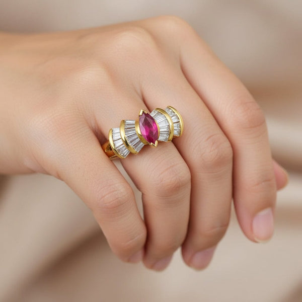 Vintage 14K Gold 1.5 Carat Baguette Diamond Ruby Ring