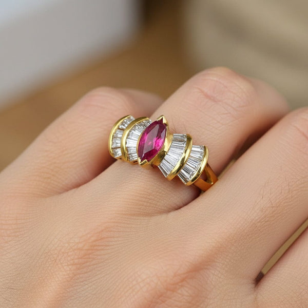 Vintage 14K Gold 1.5 Carat Baguette Diamond Ruby Ring