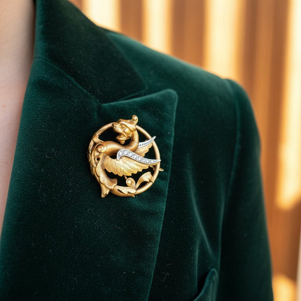 Antique Rose Cut Diamond 18K Gold Dragon Griffin Brooch