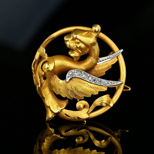 Antique Rose Cut Diamond 18K Gold Dragon Griffin Brooch
