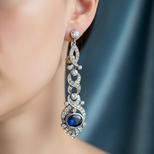 Art Deco Platinum Ceylon Sapphire and Diamond Earrings - Boylerpf
