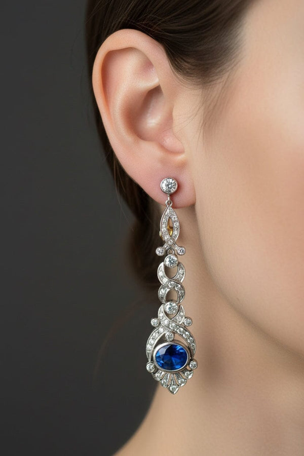 Art Deco Platinum Ceylon Sapphire and Diamond Earrings - Boylerpf