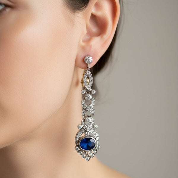 Art Deco Platinum Ceylon Sapphire and Diamond Earrings - Boylerpf