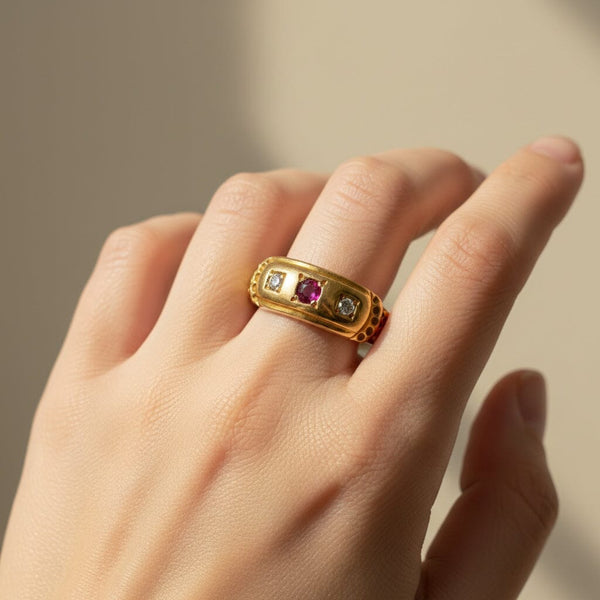 Antique Chester Assayed 15K Gold Diamond Ruby Ring Band - Boylerpf