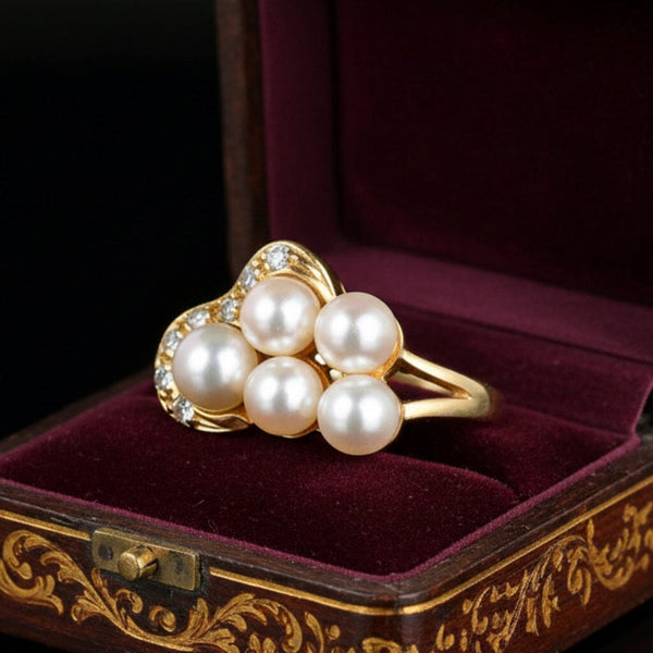 Mid Century 10K Gold Diamond Pearl Cluster Ring - Boylerpf