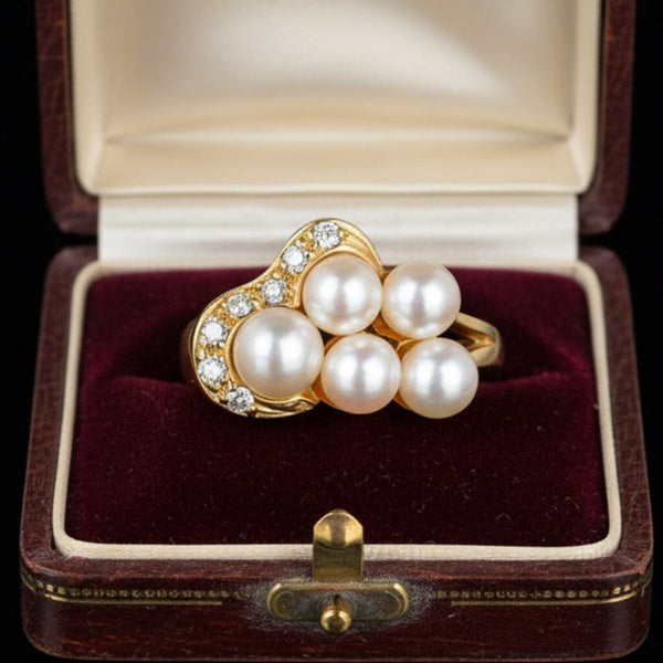 Mid Century 10K Gold Diamond Pearl Cluster Ring - Boylerpf
