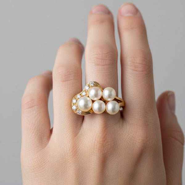 Mid Century 10K Gold Diamond Pearl Cluster Ring - Boylerpf