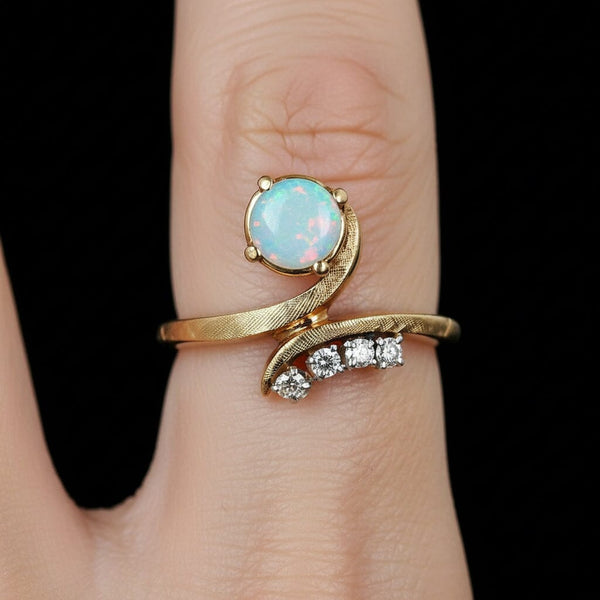 Vintage Bypass 14K Gold Diamond Opal Ring - Boylerpf
