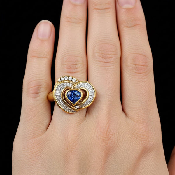 18K Gold Baguette Diamond Sapphire Heart Ring - Boylerpf