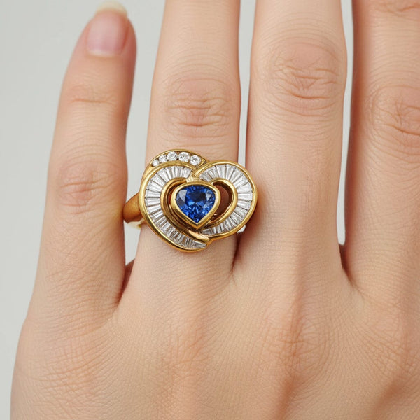 18K Gold Baguette Diamond Sapphire Heart Ring - Boylerpf