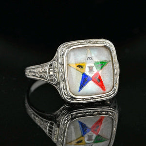 14K White Gold Filigree Crystal Enamel Masonic OES Star Ring - Boylerpf