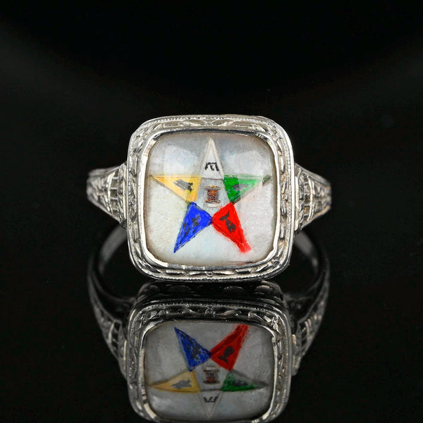 14K White Gold Filigree Crystal Enamel Masonic OES Star Ring - Boylerpf