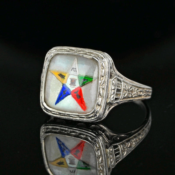 14K White Gold Filigree Crystal Enamel Masonic OES Star Ring - Boylerpf