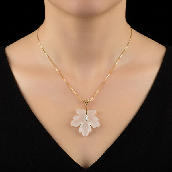 Exquisite 14K Gold Carved Rock Crystal Diamond Necklace - Boylerpf