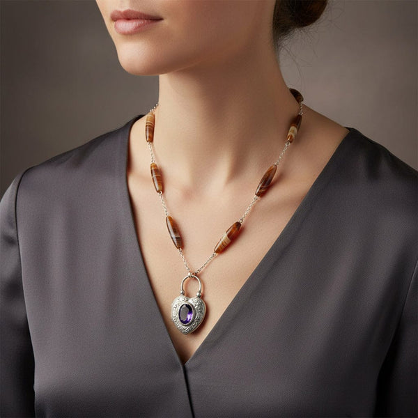 Antique Amethyst Heart Padlock Banded Agate Necklace - Boylerpf