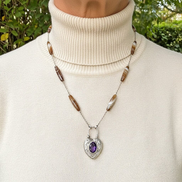 Antique Amethyst Heart Padlock Banded Agate Necklace - Boylerpf
