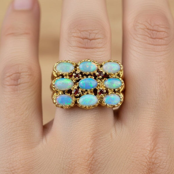 Heavy 14K Gold Ruby Accent Threee Row Opal Ring - Boylerpf