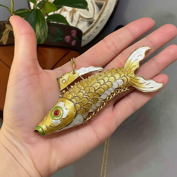 Vintage Enamel Koi Fish Pendant in Gold Gilded Silver - Boylerpf