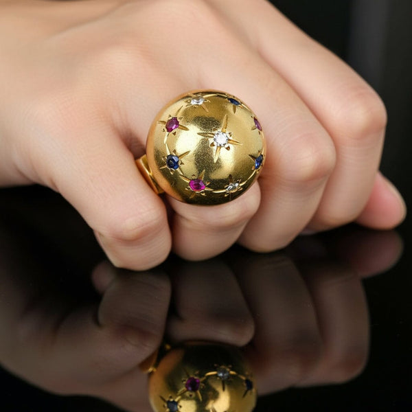 Vintage 18K Gold Star Ruby Sapphire Diamond Dome Ring - Boylerpf