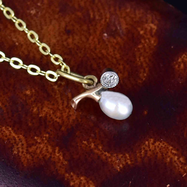 Antique Edwardian 14K Gold Diamond Pearl Charm Pendant - Boylerpf