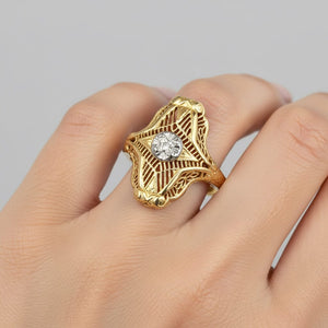 Vintage 10K Gold Floral Filigree Diamond Shield Ring - Boylerpf