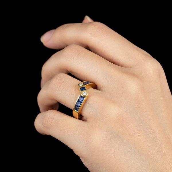 Vintage 14K Gold Diamond Carré Sapphire Ring Band - Boylerpf