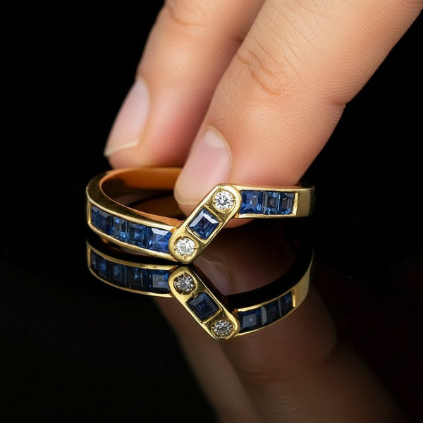 Vintage 14K Gold Diamond Carré Sapphire Ring Band - Boylerpf