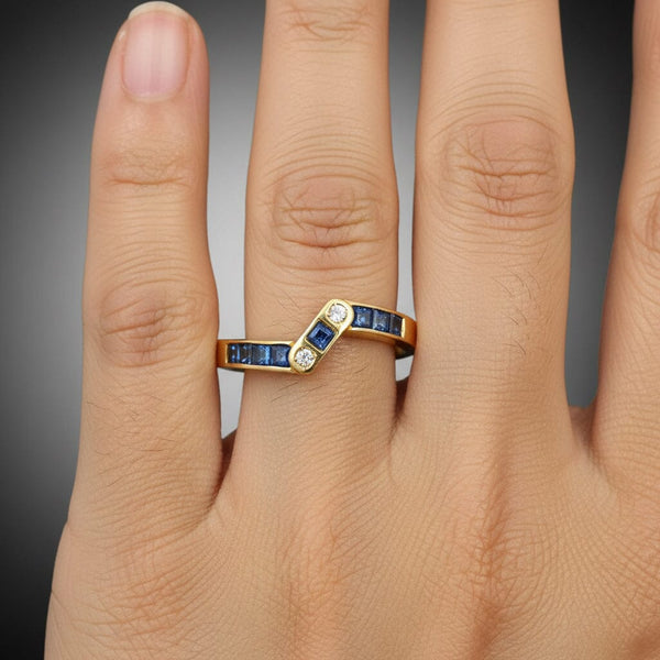Vintage 14K Gold Diamond Carré Sapphire Ring Band - Boylerpf