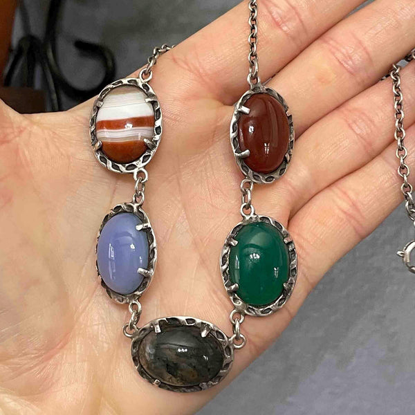 Vintage Arts and Crafts Style Silver Agate Cabochon Necklace