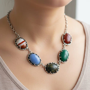 Vintage Arts and Crafts Style Silver Agate Cabochon Necklace - Boylerpf