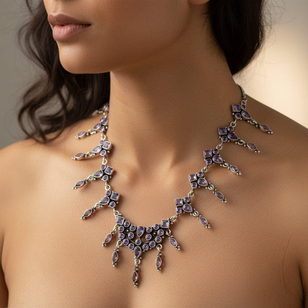 Vintage Art Deco Style Silver Amethyst Waterfall Bib Necklace - Boylerpf