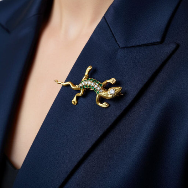 Antique 14K Gold Emerald & Rose Cut Diamond Salamander Brooch - Boylerpf