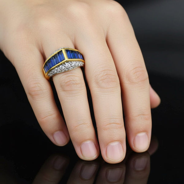 18K Gold Diamond Cluster Baguette Sapphire Ring - Boylerpf
